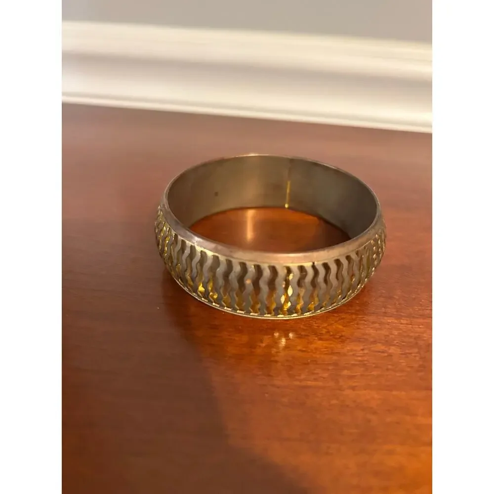 Vintage Gold Tone Brass Bangle Bracelet Wide 3 Inch Cut Out Zig Zag Stacking